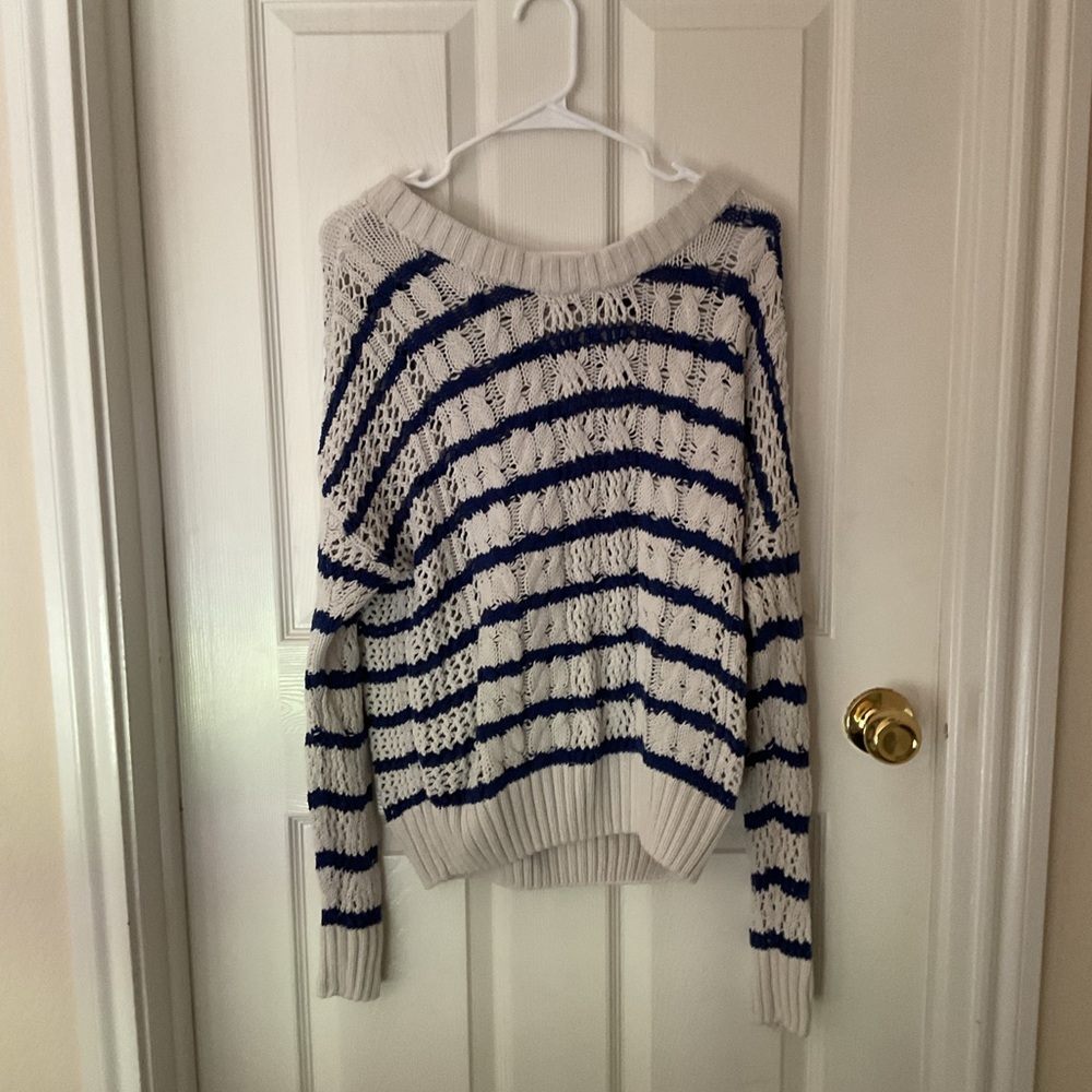 Kohl's Blue and White Crew Neck Sweater with Nautical Stripes